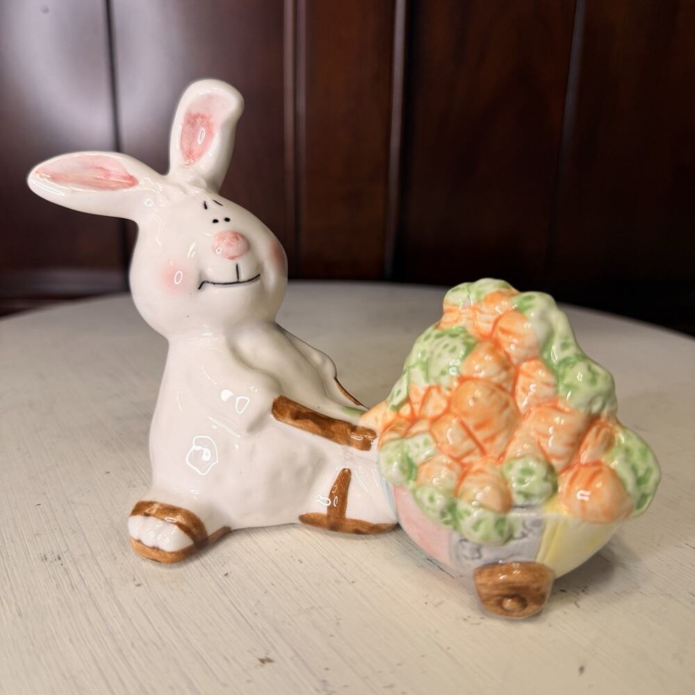 1990s White Easter Bunny Pushing Wagon Full Of Carrots Ceramic Figurine Whimsy